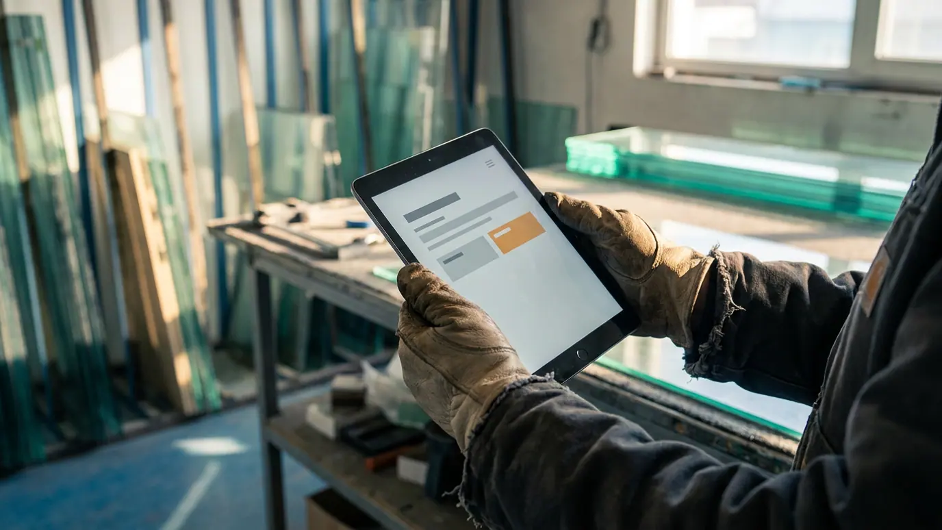 Nahaufnahme: Hände in Arbeitshandschuhen halten ein Tablet mit einer Auftragsübersicht