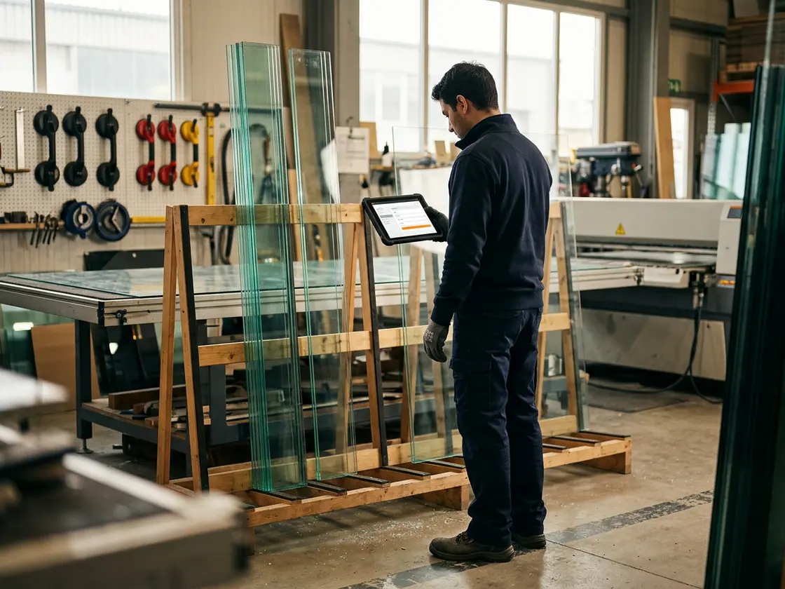 Glaser in seiner Werkstatt blickt auf ein Tablet mit einer Softwareoberfläche