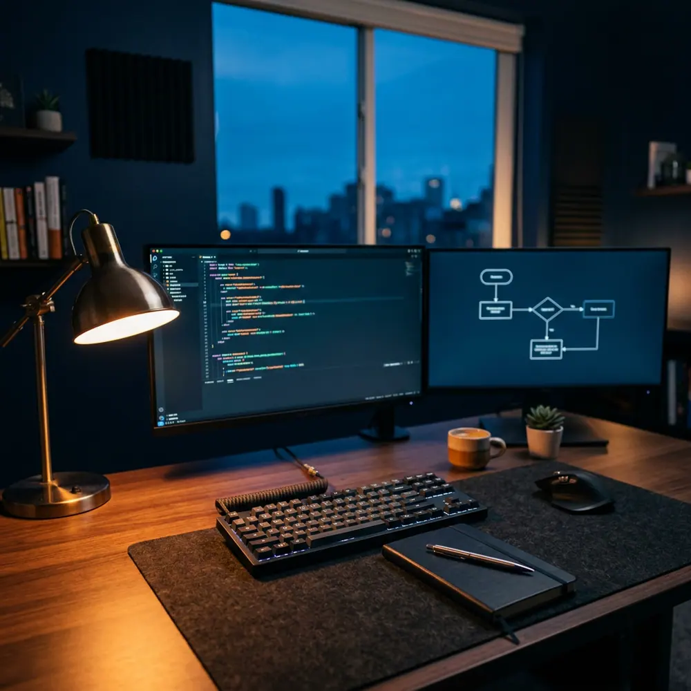 Arbeitsplatz mit zwei Monitoren, Code und einem Ablaufdiagramm bei Abendlicht
